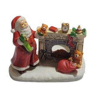 Santa Claus by the Fireplace Figurine with Teddy Bears & gifts